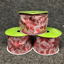 Lot Of 3 Sheer 2 1/2  Wire Edged Poinsettia Christmas Ribbon 4 Yards Each New