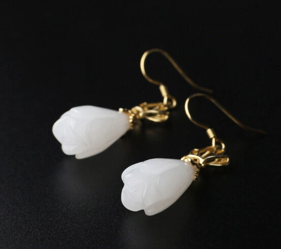 T08 Orecchini Fiori di Loto Con Calcedonio Bianco 925 Argento Sterling Placcato - Immagine 3 di 3