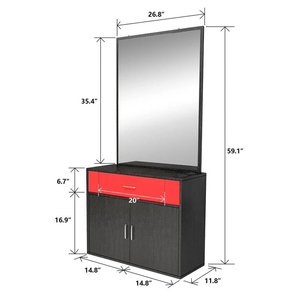Espejo de belleza, cajón, gabinete montado en la pared negro + rojo Foto 3 de 4