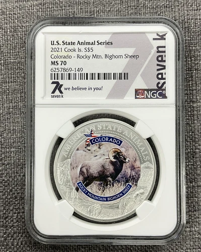 2021 Cook Islands $5 U.S. State Animal Colorado Rocky Mtn Bighorn Sheep NGC MS70