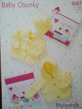 CARDIGAN HOODIE AND HAT Sizes 31-51cm Stylecraft pattern no 8491 (G)