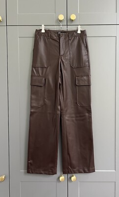 ZARA Brown High Waisted Faux Leather Cargo Straight Leg Full Length  Trousers XS UK
