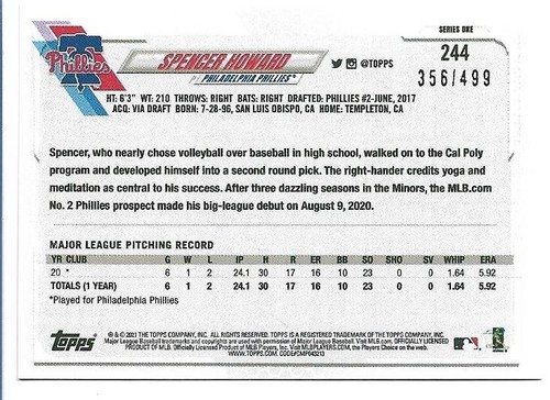 Spencer Howard 2021 Topps Green Rookie #244/499 Philadelphia Phillies RC - Foto 2 di 2