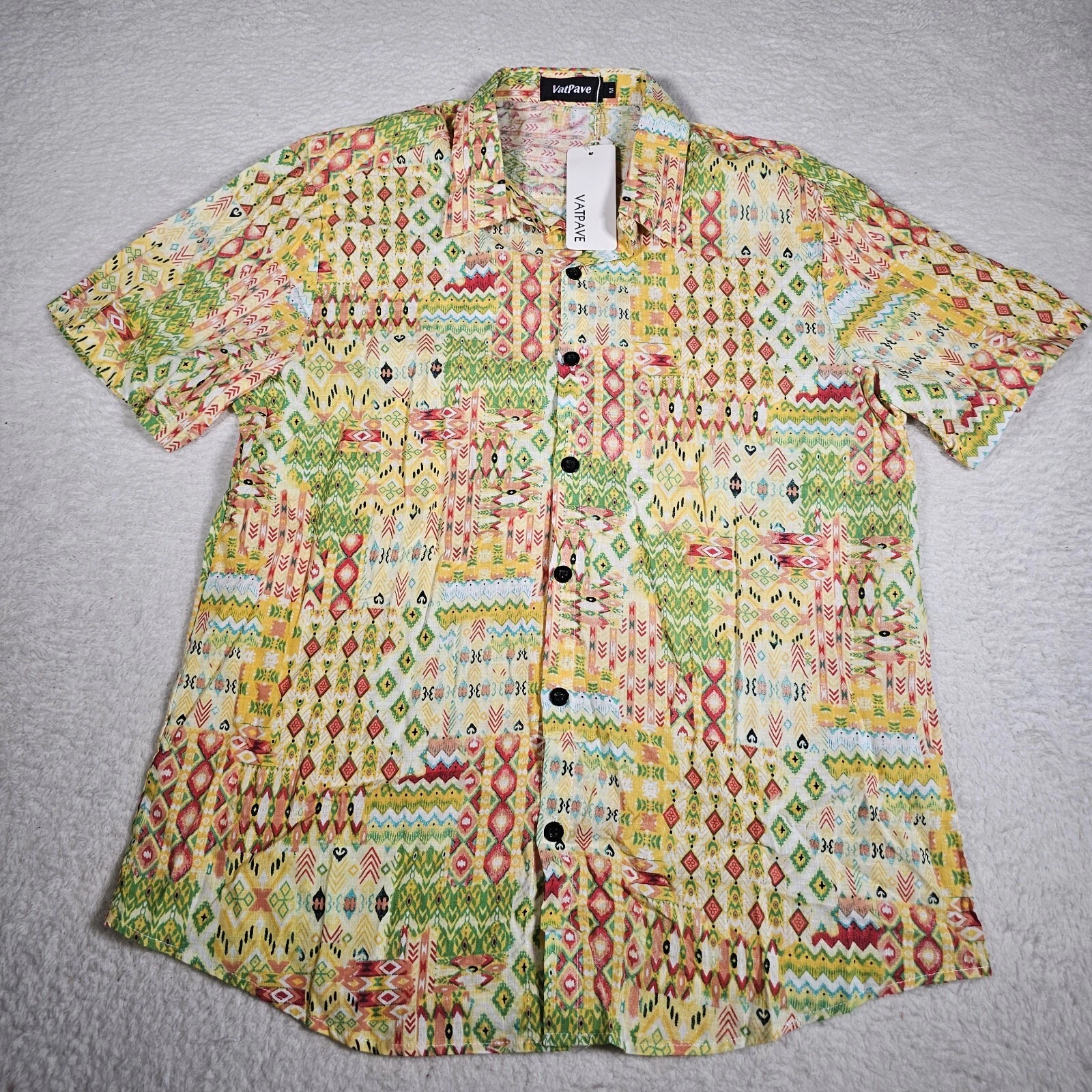 Vatpave Shirt Mens M Yellow Geometric Patterned Camp Resortwear Casual NWT