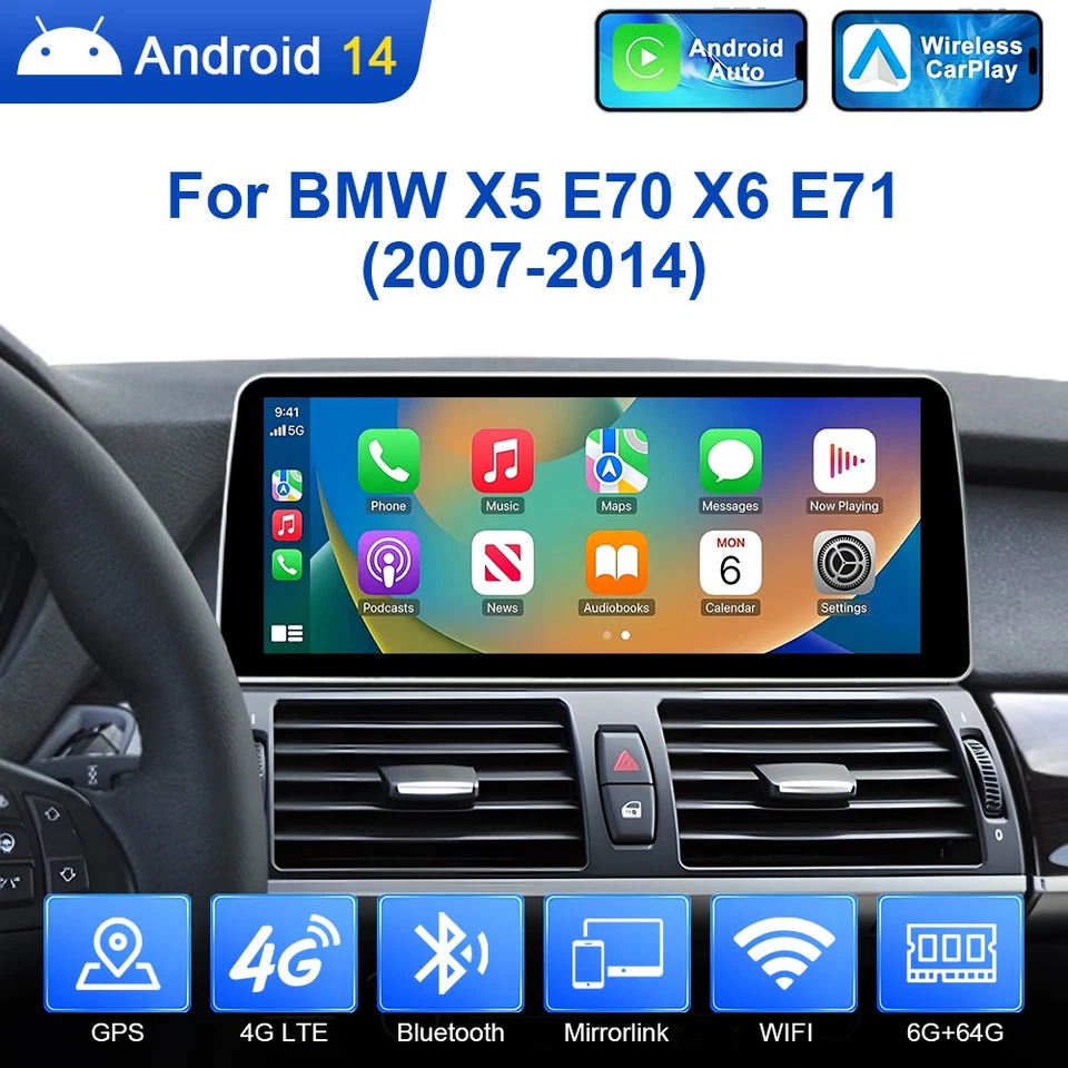 12.3" Android 14 Autoradio Für BMW X5 E70 X6 E71 CIC 8-Kern 64GB CarPlay DAB+ - Bild 1 von 4