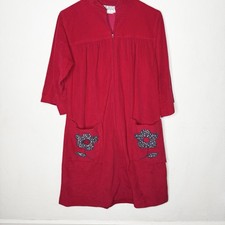 Vintage Models Coat Red Flower Patch Pockets House Coat Zip Front Women s 14