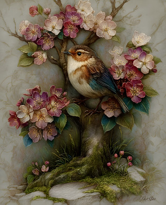 8x10 Cozy Storybook Bird Sitting on Branch of Tree Art Print - 539399660