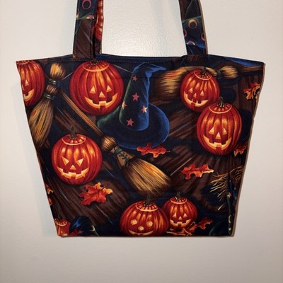 Handmade Halloween Jack o lantern with Witch Hat & Brooms Purse Tote Bag