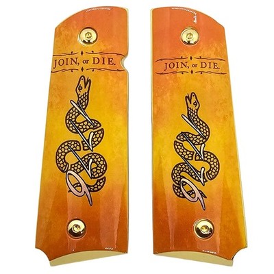 1911 Full Size Metal Grip Panels   Ambi Cut   Join, or Die Snake Design   Gold F