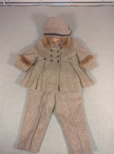 MINT Vtg 1940-50s Toddler Princess Tweed Coat  Pants Hat Set Faux Fur Size 5
