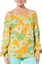 DG2 Women's Printed Smocked Off-Shoulder Top Mango Floral