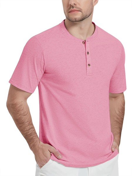 Henley Shirt Herren Baumwolle Kurzarm Knopfleiste Slim Fit Ohne Kragen Rosa S-image