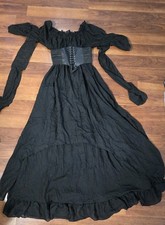 Goth Black Corset Belt Ruffled Long Dress Costume Witchy Vampire Renaissance Vic