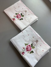 Pair White Pillow Case Embroidered Rose Scalloped Edge 28x20"Approx. Unbranded