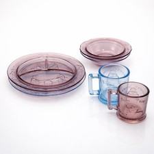 Vintage Hazel Atlas Tom & Jerry Child Glass Set Pink Blue 6pc Plate Bowl Mug