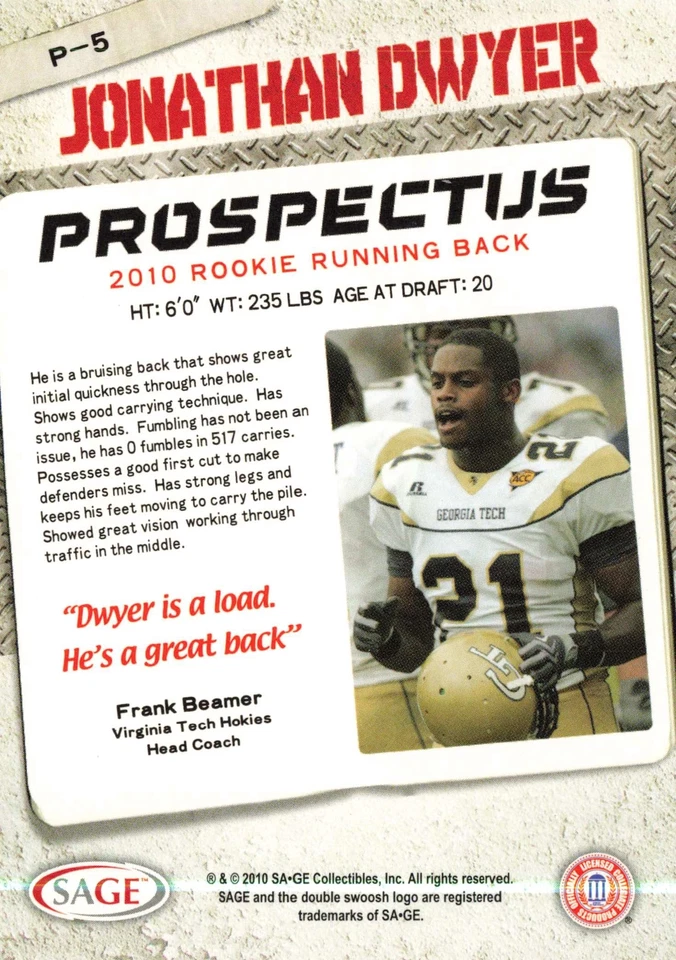 Jonathan Dwyer 2010 SAGE HIT #P5 Georgia Tech Yellow Jackets - Image 2 of 2