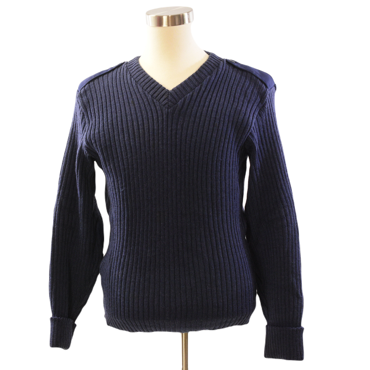 80s Vintage Mens L Navy Wool Commando Sweater Ribbed Military Pullover V  Neck 44
