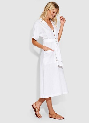 SEAFOLLY Ocean Alley Button Front Dress Medium White Linen V-Neck Tassels  NWT | eBay