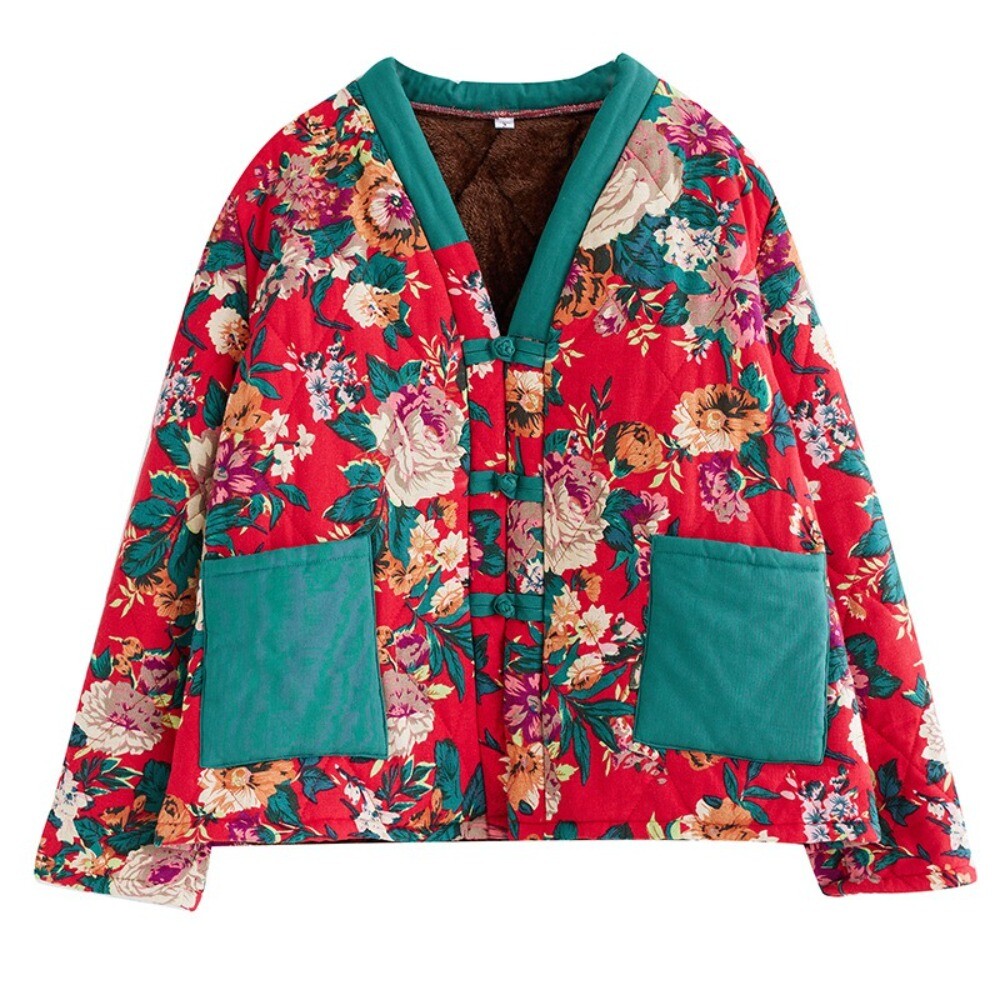Lady Fleece Lined Jackets Chinese Style Thermal Padded Coat Ethnic Vintage  Print