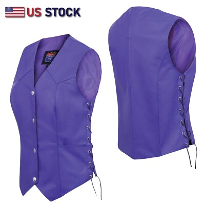 Womens Biker Classic Genuine Cowhide Leather Motorcycle Vest Side Lace