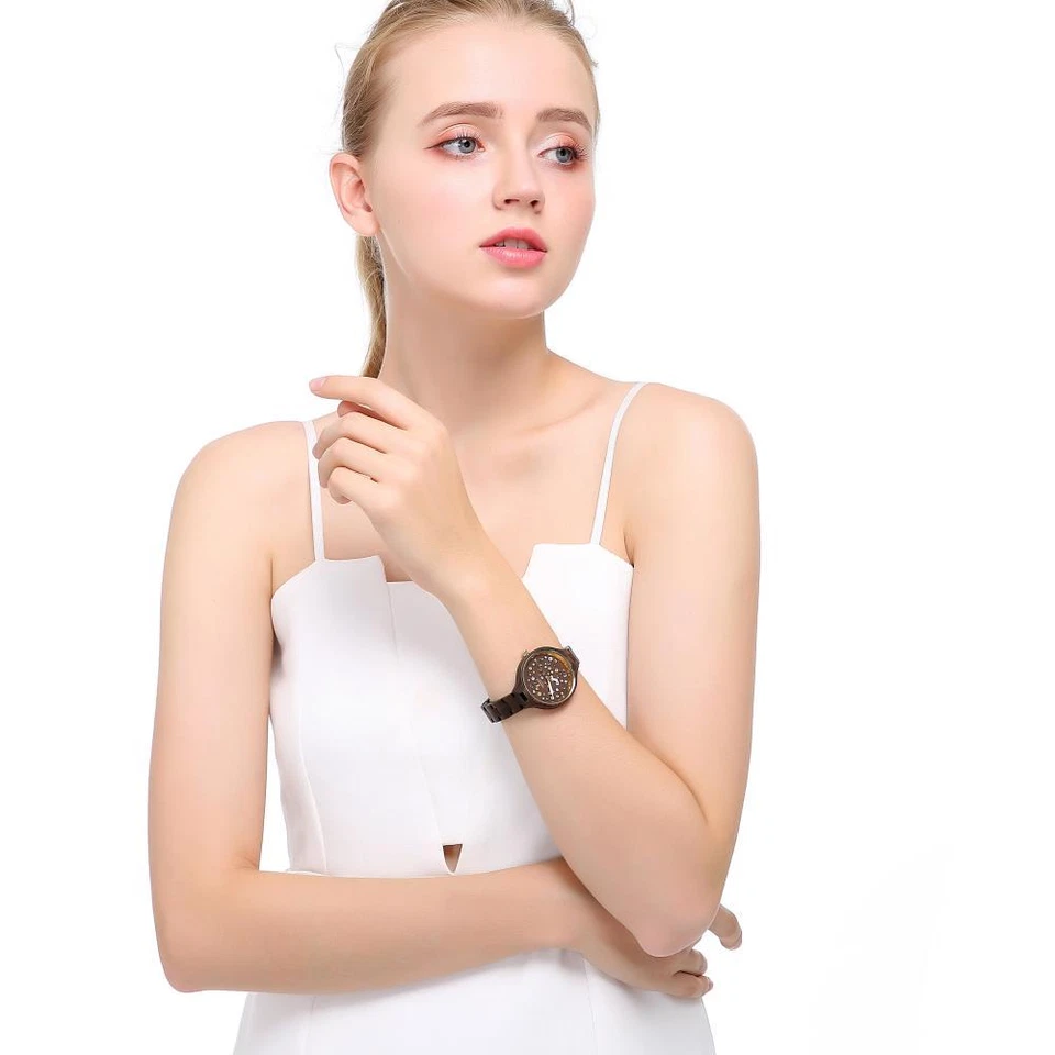 Matashi Womens Brown Salwood Watch W/ Crystals, Gold Bezel, Business Casual 1ATM - Image 2 of 4