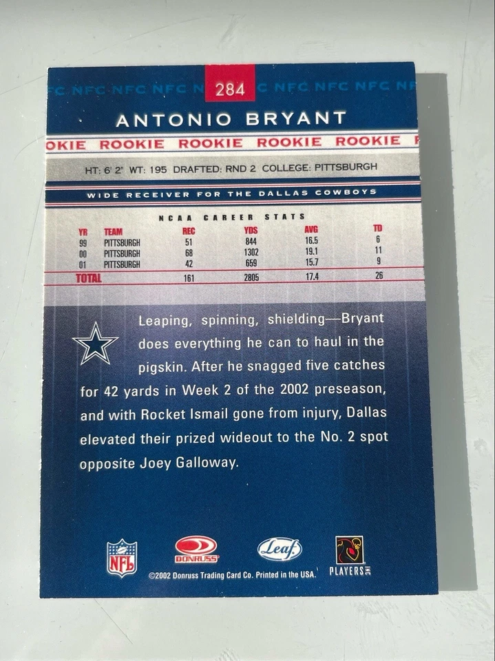 2002 Leaf Rookies & Stars Antonio Bryant #284 Rookie RC Dallas Cowboys - Image 2 of 2