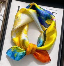 100 Silk Mulberry Scarf 53X53cm Women Square Bandana Wrap Yellow oil painting