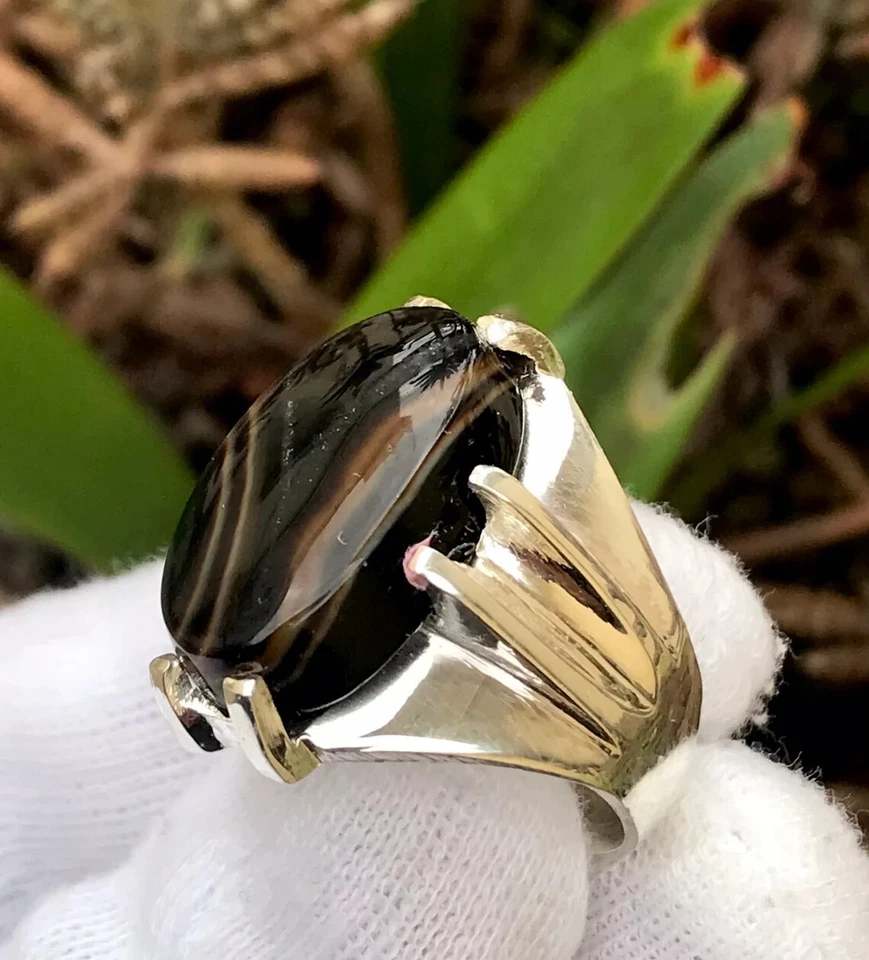 Anillo de plata original marrón negro ojo yemení Aqeeq Akik anillo ágata día de la madre Foto 4 de 4