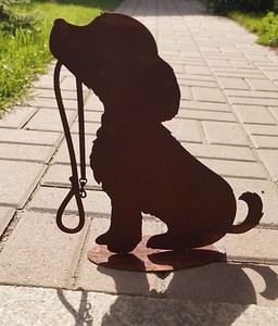 Edelrost Hund mit Leine Metall Garten Rost Tierfigur Geschenk 30cm Deko