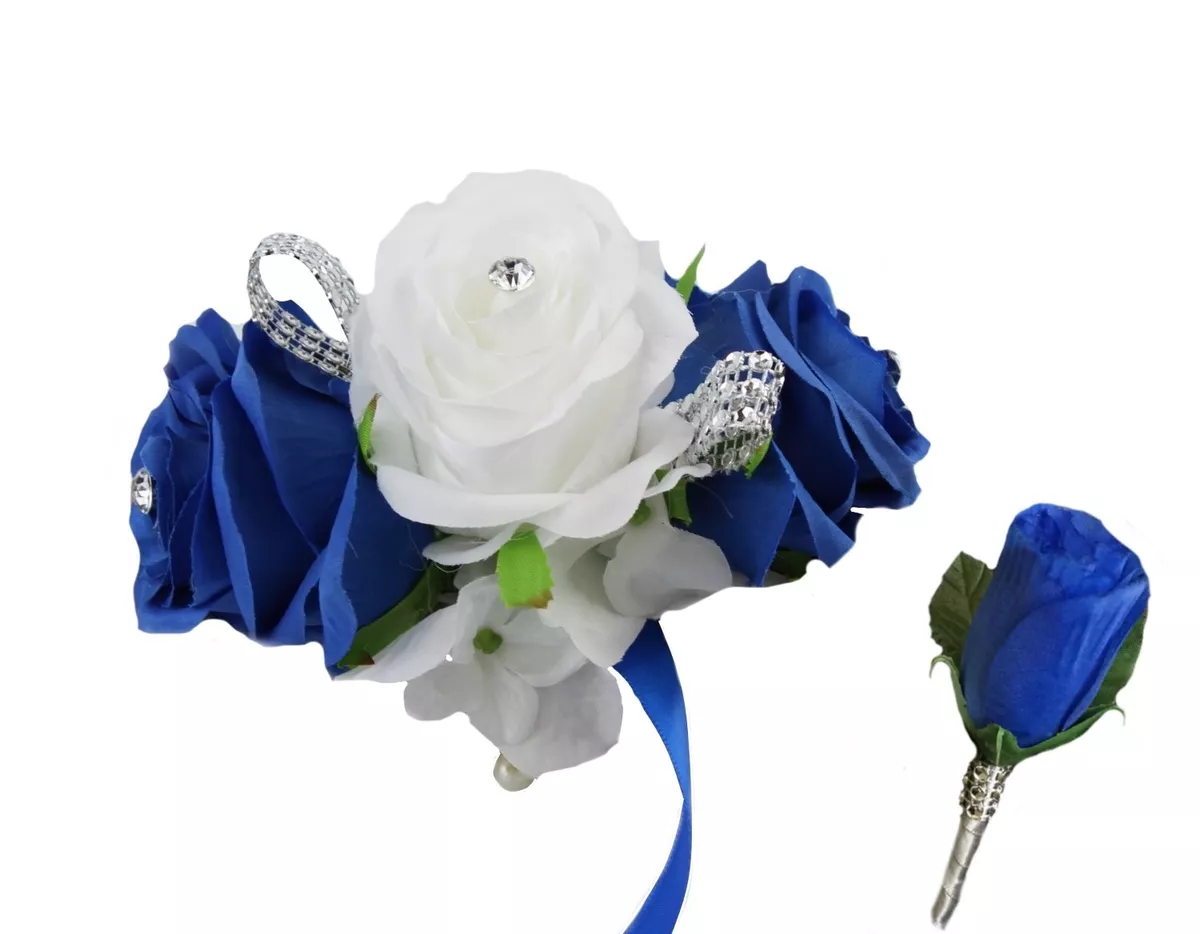 2pc set Keepsake artificial rose corsage and Boutonnier horizon royal blue white