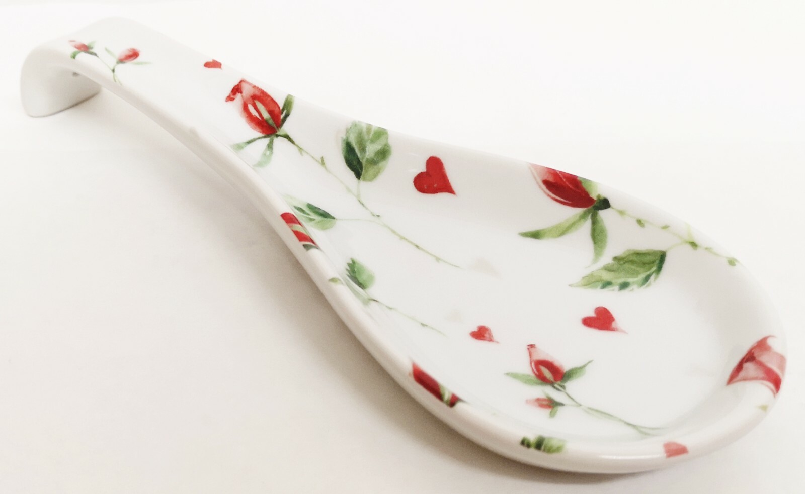 Hearts & Red Roses Ceramic Spoon Rest 22cm Medium Porcelain Spoon Decorated UK