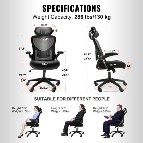VEVOR Chaise de Bureau Ergonomique Fauteuil Inclinable Support Lombaire et Tête - Imagen 7 de 12