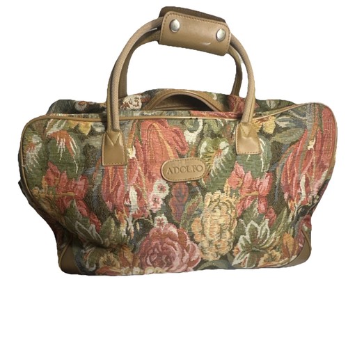 Adolfo 1990s Vintage Tapestry Duffle Bag Multicolor w/ Shoulder Strap & Handles