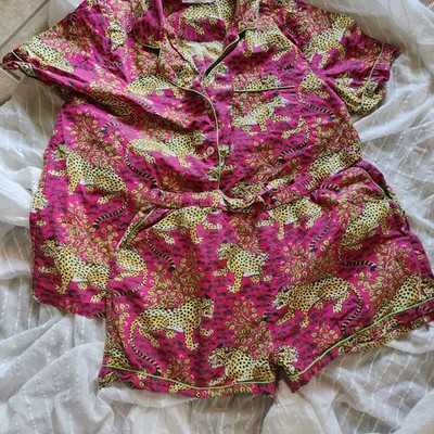 PrintFresh Pajamas Short Set Bagheera Leopard Cotton Sz L Pockets Hot Pink