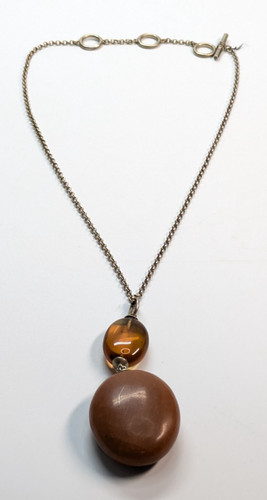 Artisan Orange Stone & Amber Pendant Silver Tone Chain Toggle Clasp 22" Necklace