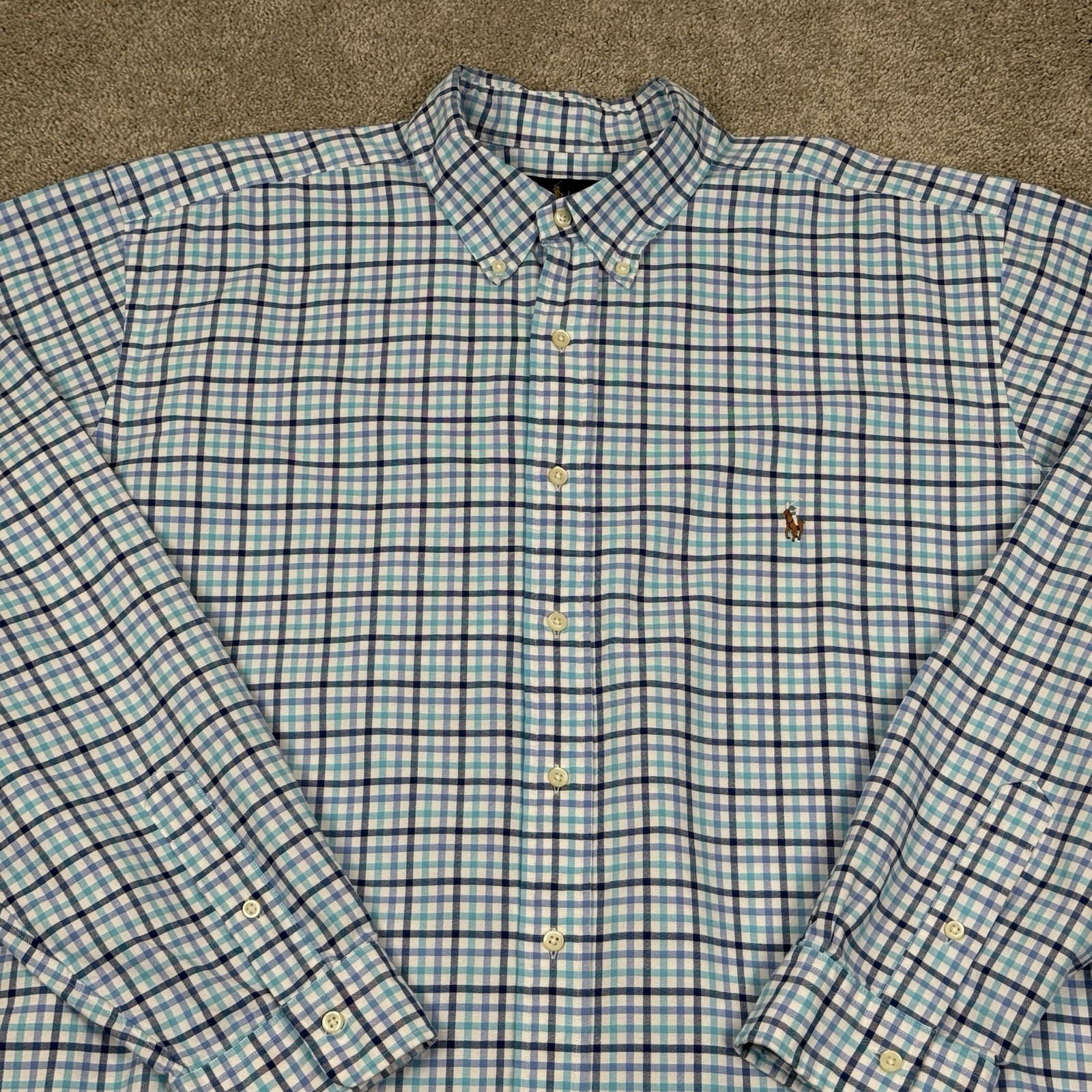 Polo Ralph Lauren camicia uomo 2XLT blu bianco bottoni carne pony plaid Oxford