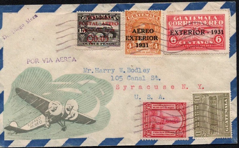 1933 Guatemala Airmail Cover to USA - Overprinted Stamps