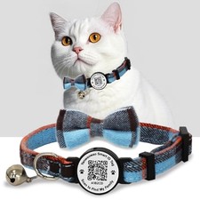 Cat Collar with Bells Kitten Collars Breakaway with Bow Tie QR Code Blue