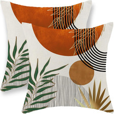 Boho Pillow Covers 18x18 Set of 2 Green Gold Orange Throw Pillows Tropical Leave