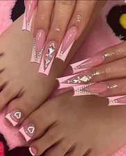 48 Pc Press-On Nails Set for Hands and Toes - Heart Design Glossy Finish Reusabl