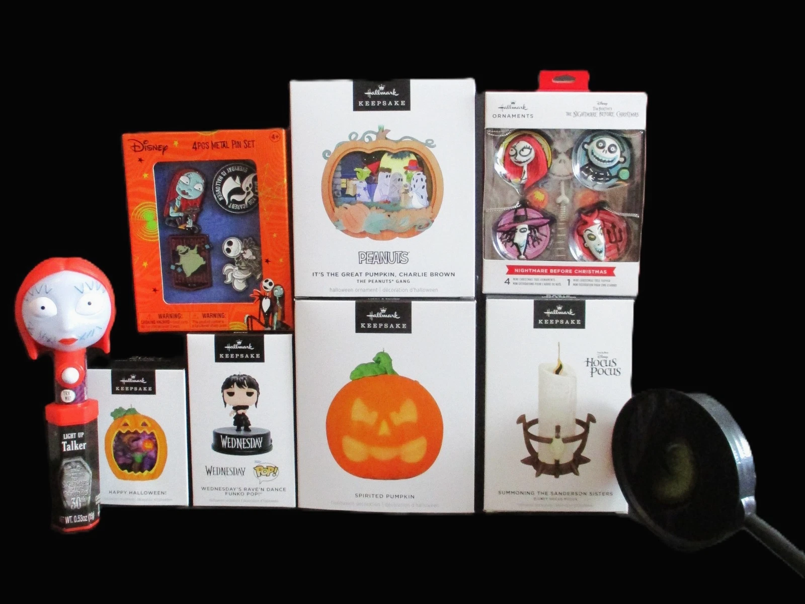 NEW LOT OF HALLMARK HALLOWEEN ORNAMENTS, PINS,  LIGHTUP SALLY, CAT EYE DECOR