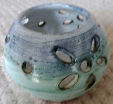 Small Studio Pottery Pierced Pot Earthenware Turquoise/Blue VGC Potters Mark
