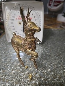 Vintage Christmas Gold Glitter Hard Plastic Reindeer Deer w/ Bell MCM