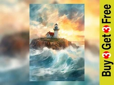 Dramatic Coastal Lighthouse 5"x7" Print on Matte Paper | Majestic Ocean Painting
