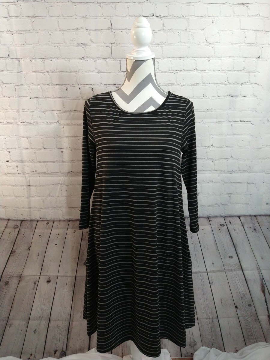 NWT women's HONEY & LACE black/gray striped cotton BREA COMFORT DRESS - sz  MED