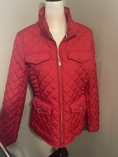 Tommy Hilfiger Scarlet Red Quilted Jacket Blue Red White Logo Women's Sz Small