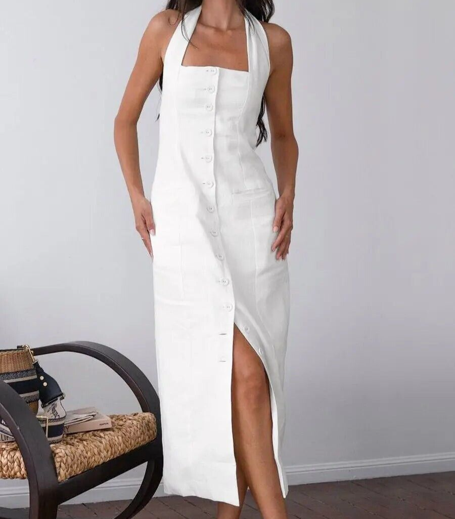 New Hanging Neck Sleeveless Split Hem Midi Dress White Wiholl Size Small S  | eBay