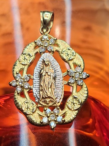 Antique Miraculous Medal 14k Yellow Gold Virgin Mary Pendant With Clear ...