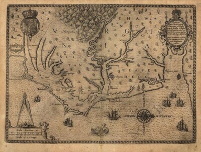 Map of NC VA and MD from Cape Fear to Chesapeake Bay c1590 16x20