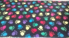 New Multi-color Paw Prints on Black Fleece Fabric by the yard